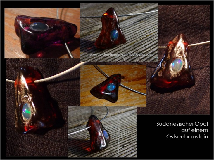 Nr. 0091  Ein sudanesischer blauer Opal in einem rotbraunen Ostseebernstein (inkl. Edelstahlhalsreifen mit Schraubverschluss)