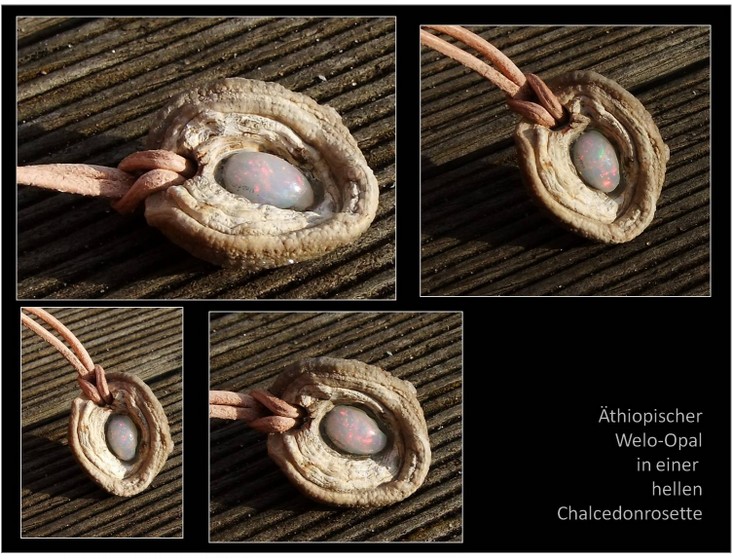 Nr. 0113  Äthiopischer Welo-Opal in einer hellen Chalcedonrosette (inkl. Lederband)
