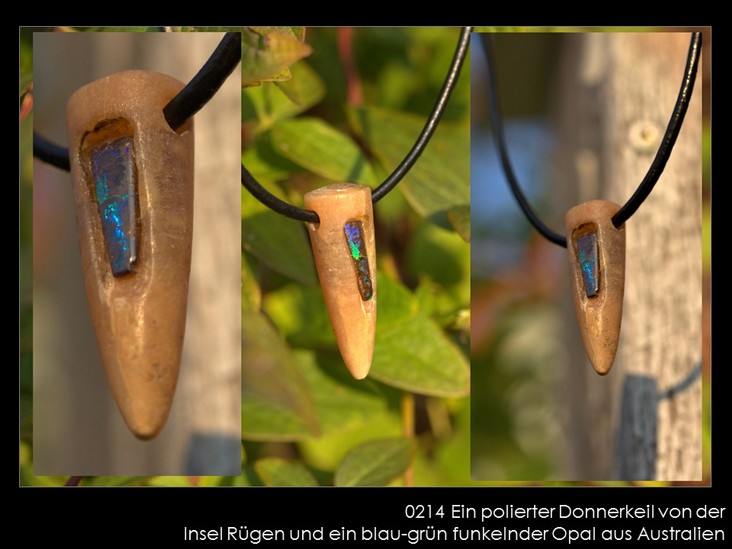 Nr. 0214 Donnerkeil von der Insel Rügen mit einem Yowah-Opal aus Australien (inkl. Lederband oder Edelstahlhalsreifen)