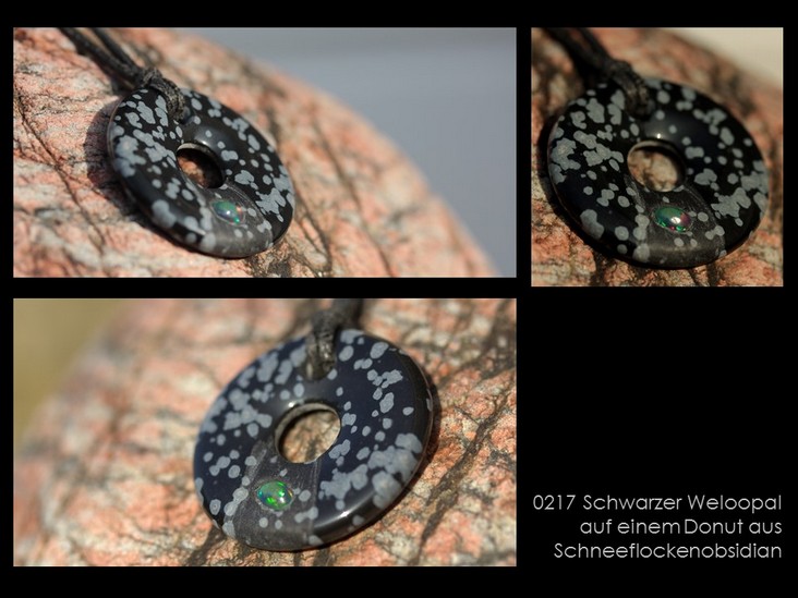 Nr. 0217 Schwarzer Welo-Opal auf Donut aus Schneeflockenobsidian (inkl. Lederband)