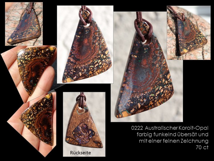 Nr. 0222 Ein großer und geschwungener Koroitboulder voller farbiger Adern und mit einem fantastischen Muster (inkl. Lederband)