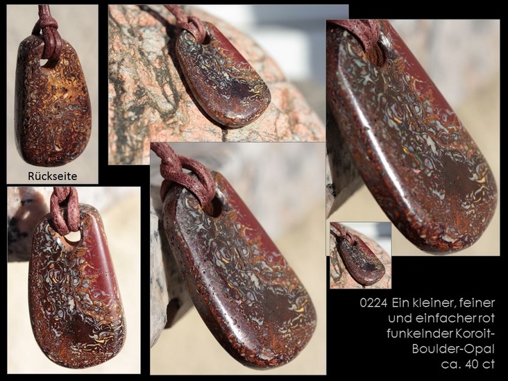 Nr. 0224 Ein kleiner, feiner und einfacher rot funkelnder Koroit-Boulder-Opal (inkl. Lederband)